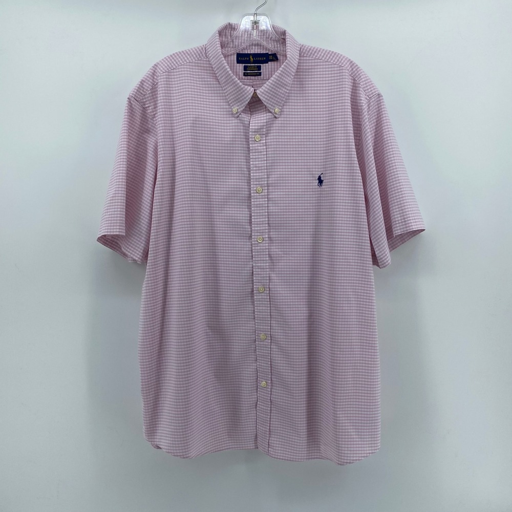 Ralph Lauren Men XXL Pink Gingham Performance Short Sleeve RL Untucked Fit Shirt